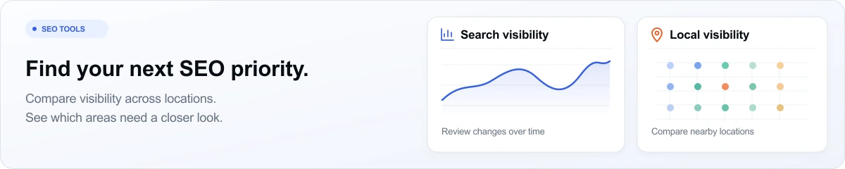 Compact SEO illustration showing an unnumbered visibility chart and a colored local visibility grid.